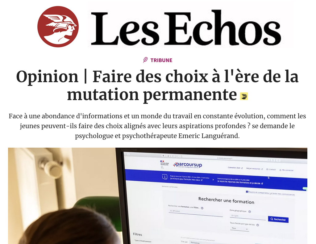 Capture d'écran du site Les Echos sur la page de l'article "Faire des choix à l'ère de la mutation permanente"