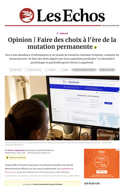 Capture d'écran du site Les Echos sur la page de l'article "Faire des choix à l'ère de la mutation permanente"