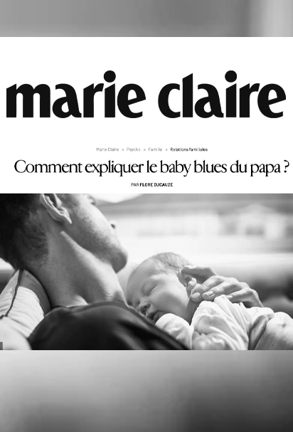 Capture d'écran du site de Marie-Claire montrant l'article : "Comment expliquer le baby blues du papa ?", 2024