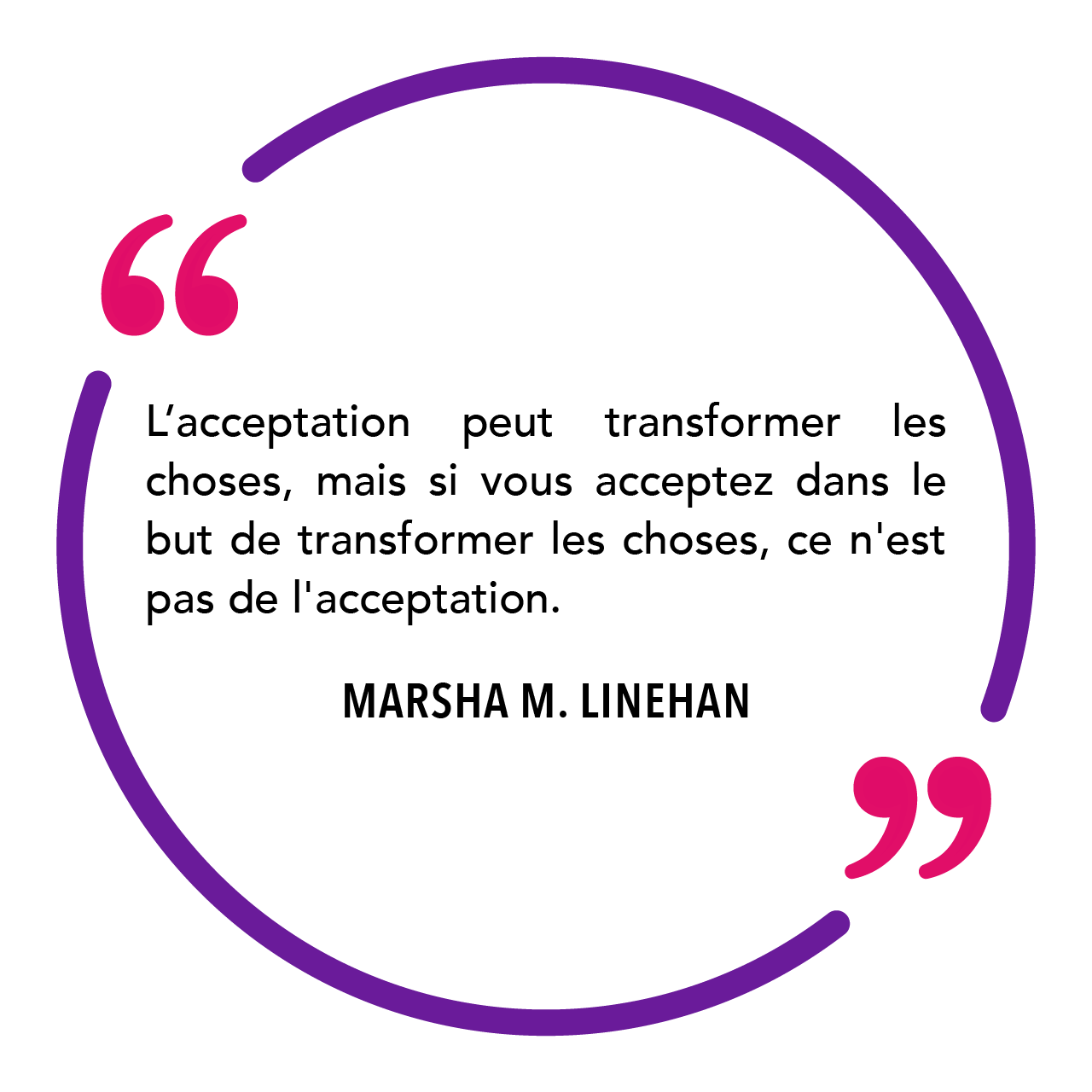 "L’acceptation peut transformer les choses, mais si vous acceptez dans le but de transformer les choses, ce n'est pas de l'acceptation." Marsha M. Linehan