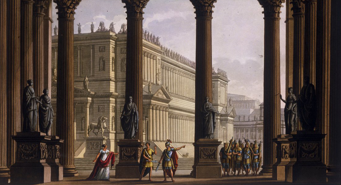 Scenography by Alessandro Sanquirico (1777-1849) for “The Clemence of Tito” by Wolfgang Amadeus Mozart (1756-1791) climbs to La Scala in Milan in 1819 and represents the atrium of the Temple of Jupiter Stator Statore: Sextus is stopped; to preserve Viterli.